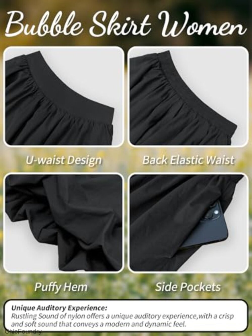 Maxi Skirt with Pockets, Elastic Waist, A-Line Bubble Hem, Polyester Blend - Picture 6 of 7
